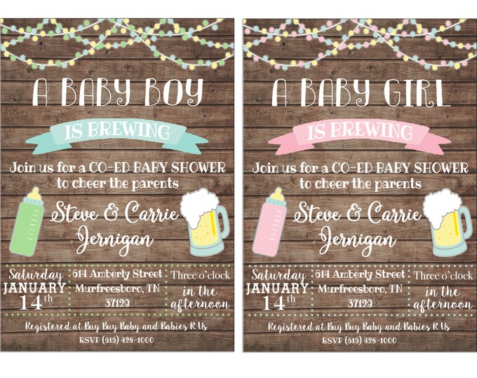 Boy or Girl Invitation Baby Brewing Beer Shower Party - Can personalize colors /wording - Printable File or Printed Cards