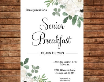 Senior Breakfast Brunch White Watercolor Floral Flowers  Invitation  - Can personalize colors /wording - Printable File or Printed Cards