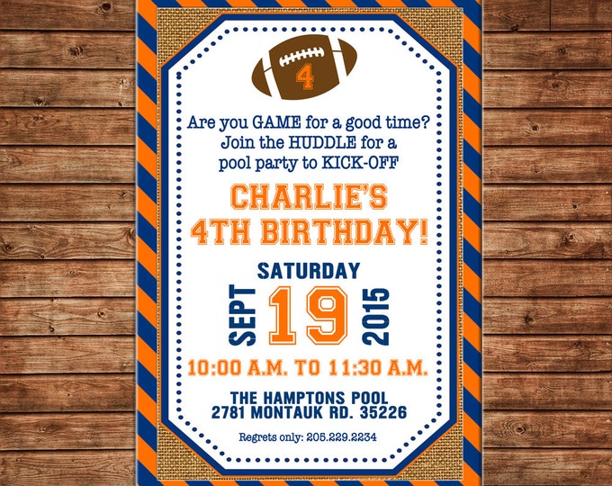 Boy Invitation Football Sports Team Tailgate Birthday Party - Can personalize colors /wording - Printable File or Printed Cards