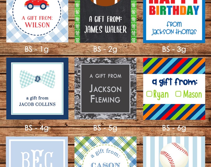 24 Square Personalized Boy Enclosure Cards, Gift Stickers, Gift Tags