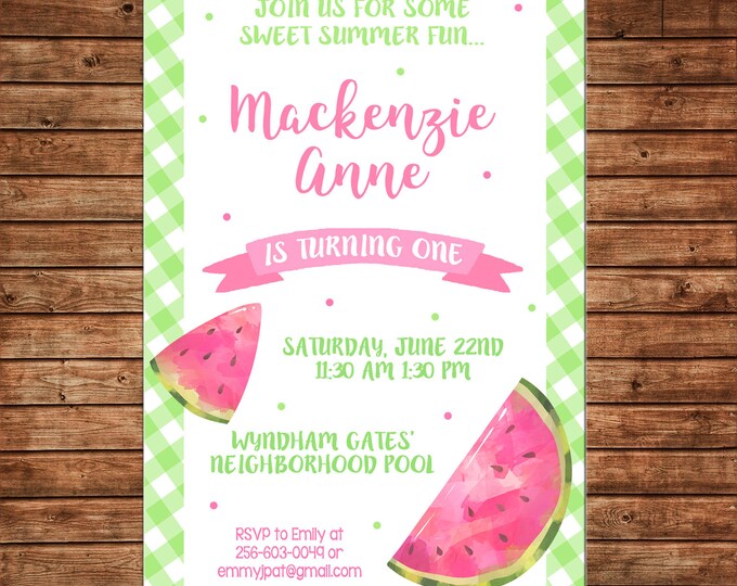 Girl Invitation Summer Watercolor Watermelon Birthday Party - Can personalize colors /wording - Printable File or Printed Cards