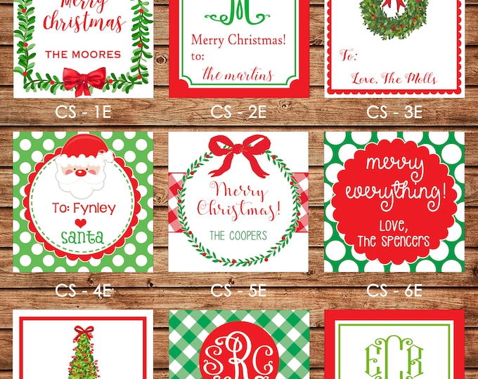 24 Square Personalized Christmas Red Green Enclosure Cards, Gift Stickers, Gift Tags