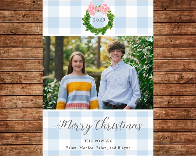Christmas Holiday Photo Card Watercolor Wreath Gingham  - Can Personalize - Printable File