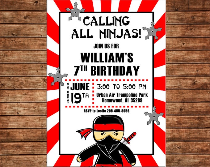 Boy Invitation Trampoline Park Ninja Birthday Party - Can personalize colors /wording - Printable File or Printed Cards