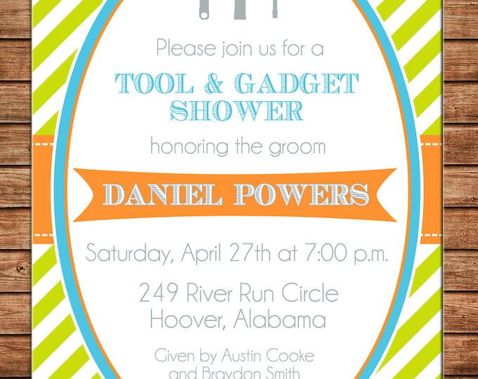 Invitation Tool Gadget Groom Shower Birthday Party - Can personalize colors /wording - Printable File or Printed Cards