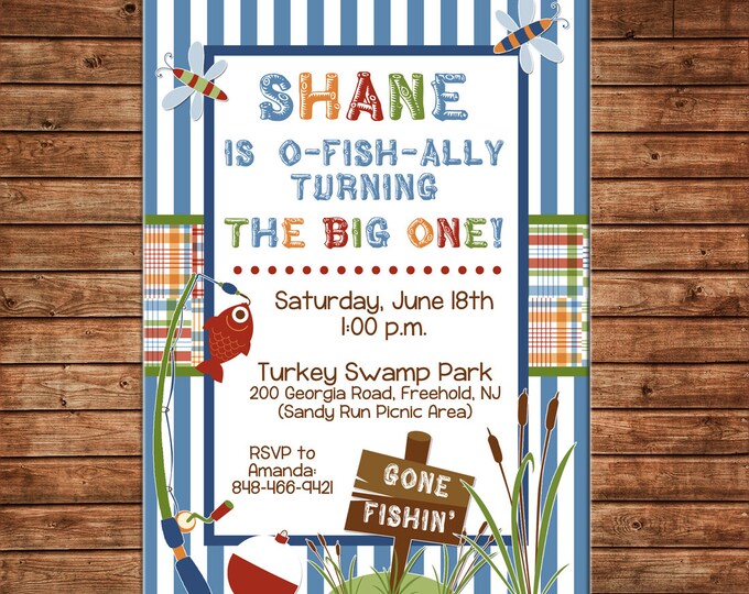 Boy Invitation Madras Plaid Fishing Outdoors Birthday Party - Can personalize colors /wording - Printable File or Printed Cards