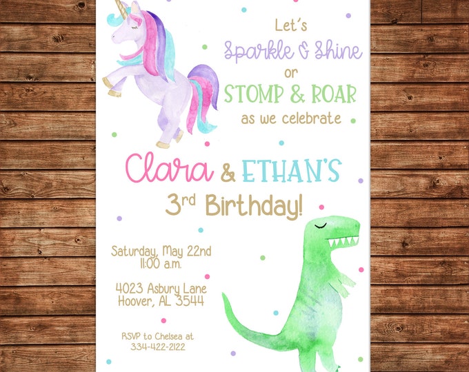 Boy Girl Invitation Watercolor Dinosaur Dino Unicorn Birthday Party - Can personalize colors /wording - Printable File or Printed Cards