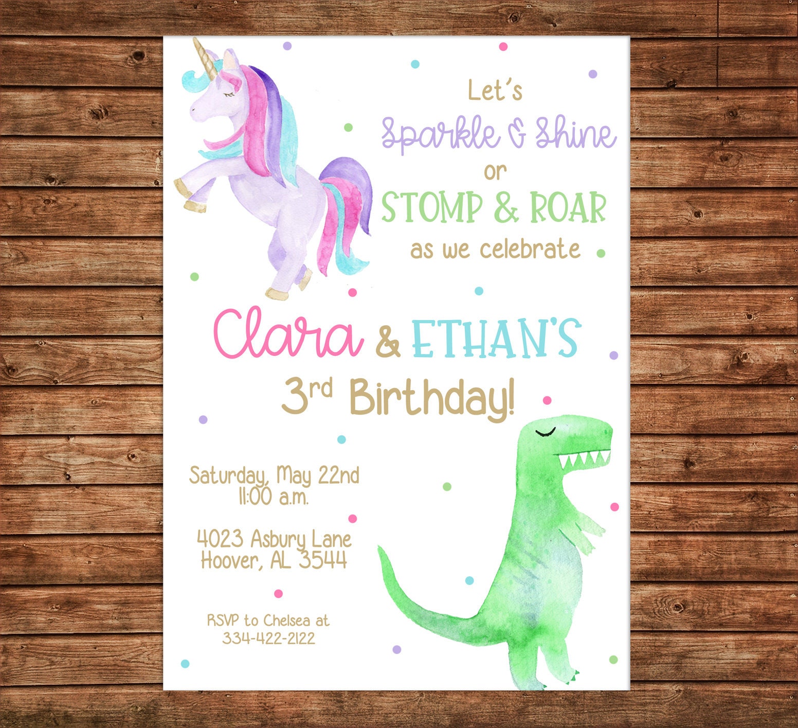 Watercolor Dinosaur Girl Birthday Invitation 