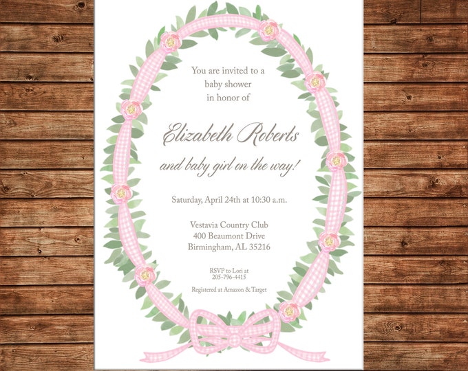 Boy or Girl Invitation Watercolor Wreath Gingham Ribbon Baby Shower - Can personalize colors /wording - Printable File or Printed Cards