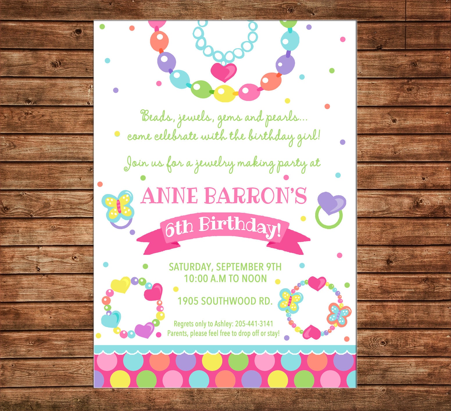 Girl Invitation Jewelry Making Dress Up Birthday Party - Can personalize colors /wording - Printable File or Printed Cards