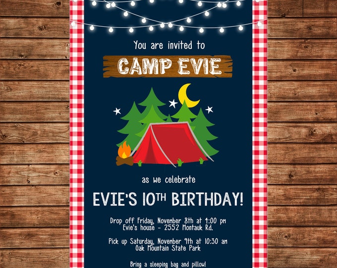 Boy or Girl Invitation Glamping Tent Camping Camp Birthday Party - Can personalize colors /wording - Printable File or Printed Cards