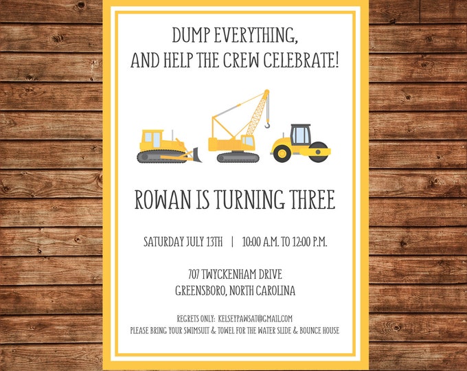 Boy Dump Truck Construction Birthday Party - Can personalize colors /wording - Printable File or Printed Cards