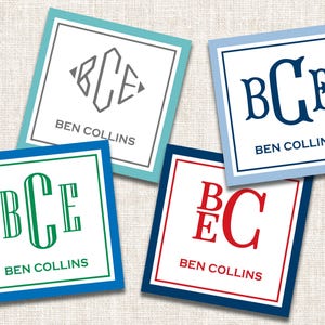 May include: Four personalized square labels with the name "Ben Collins". Each label features a different color border and a monogram with the letters "BCE". The labels are in shades of blue, green, gray, and red.