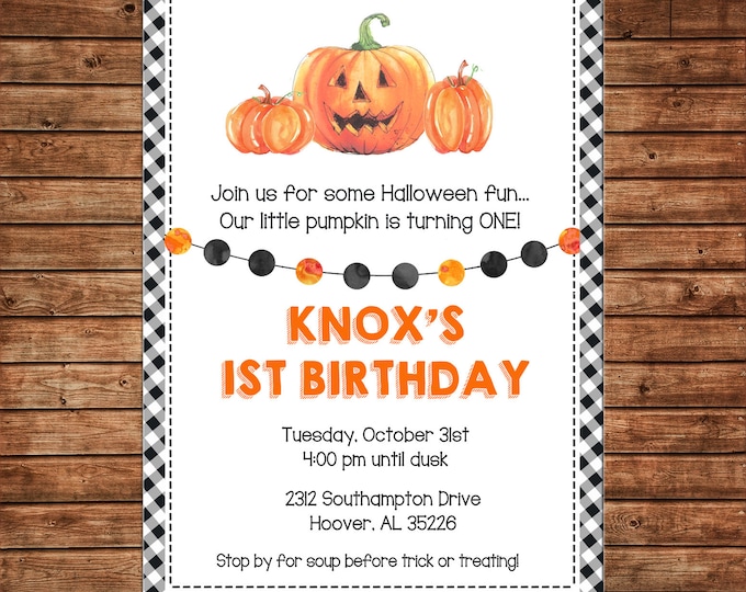 Boy or Girl Invitation Pumpkin Halloween Baby Shower Birthday Party - Can personalize colors /wording - Printable File or Printed Cards