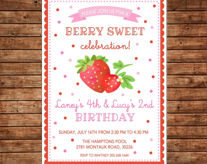 Girl Invitation Berries Strawberry Watercolor Birthday Party - Can personalize colors /wording - Printable File or Printed Cards