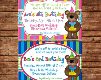 Boy or Girl Invitation Bear Teddy Birthday Party - Can personalize colors /wording - Printable File or Printed Cards