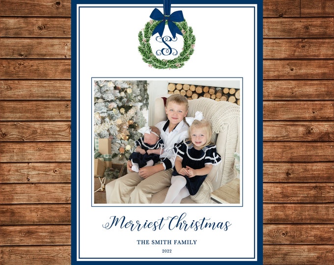 Christmas Holiday Photo Card Monogram Navy Watercolor Wreath  - Can Personalize - Printable File