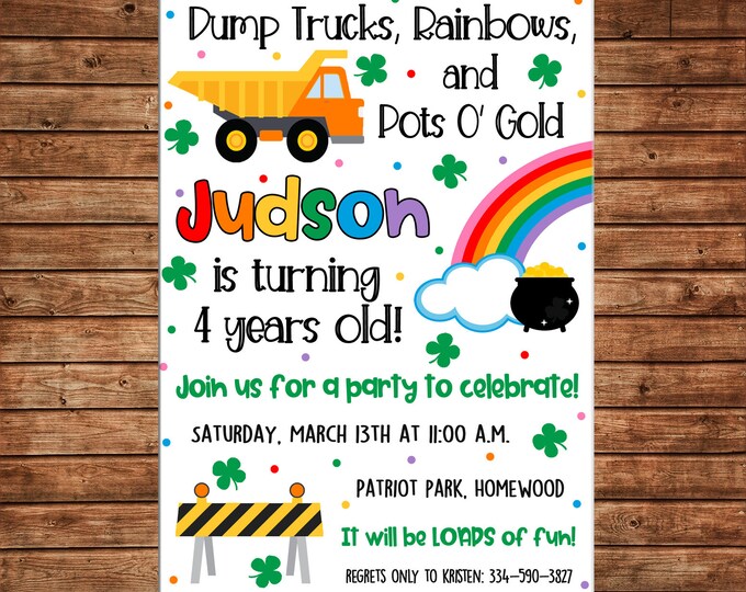 Boy Dump Truck Construction St Patricks Leprechaun Rainbow Birthday - Can personalize colors /wording - Printable File or Printed Cards
