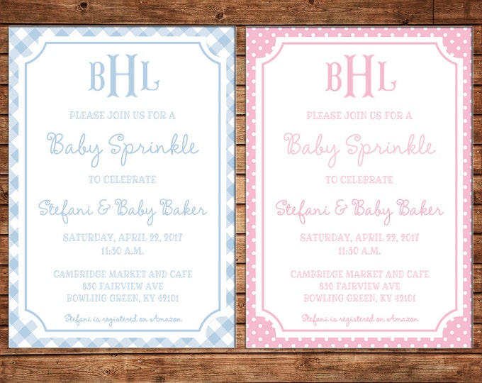 Boy or Girl Invitation Gingham Check Monogram Baby Shower Birthday Party - Can personalize colors /wording - Printable File or Printed Cards