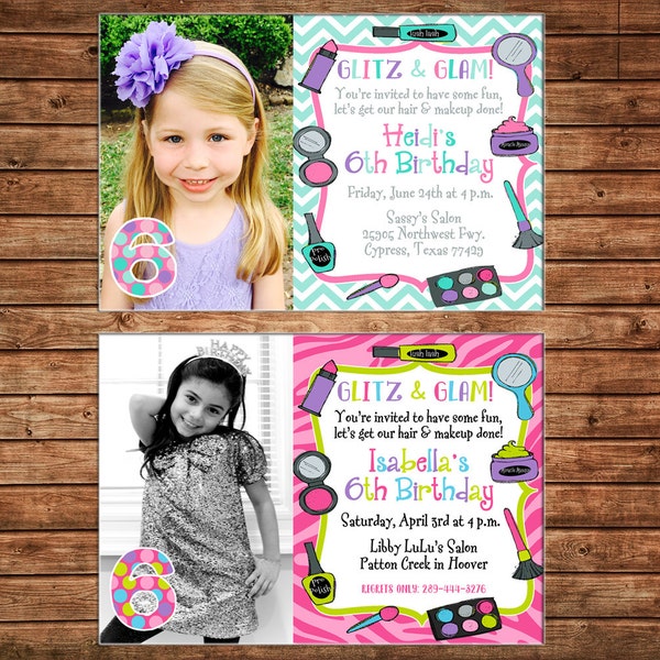 Girl Photo Invitation Makeup Makeover Dress Up Fashion Birthday Party - Can personalize colors /wording - Printable File or Printed Cards