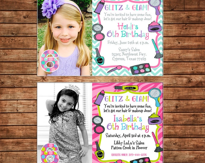 Girl Photo Invitation Makeup Makeover Dress Up Fashion Birthday Party - Can personalize colors /wording - Printable File or Printed Cards