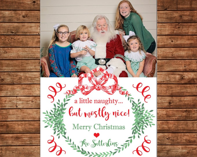 Christmas Holiday Photo Card Santa watercolor wreath red bow  - Can Personalize - Printable File