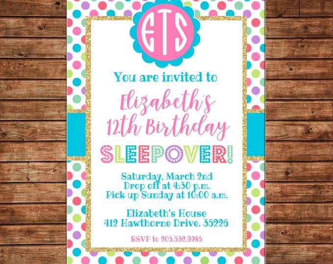 Girl Invitation Glitter Gold Polka Dot Tween Teen Birthday Party - Can personalize colors /wording - Printable File or Printed Cards