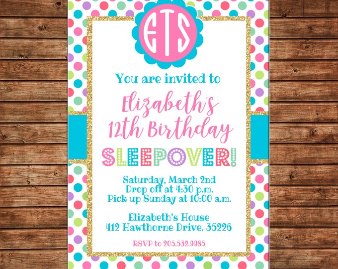 Girl Invitation Glitter Gold Polka Dot Tween Teen Birthday Party - Can personalize colors /wording - Printable File or Printed Cards