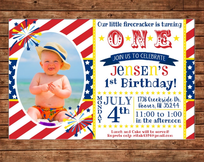 Boy or Girl Photo Invitation 4th of July Patriotic Birthday Party - Can personalize colors /wording - Printable File or Printed Cards