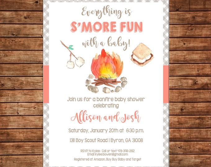 Smores Campfire Bonfire Baby Shower Invitation  - Can personalize colors /wording - Printable File or Printed Cards