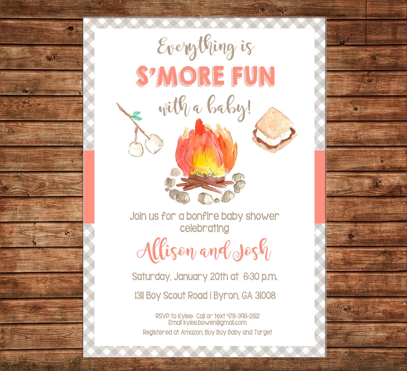 Smores Campfire Bonfire Baby Shower Invitation Can personalize colors