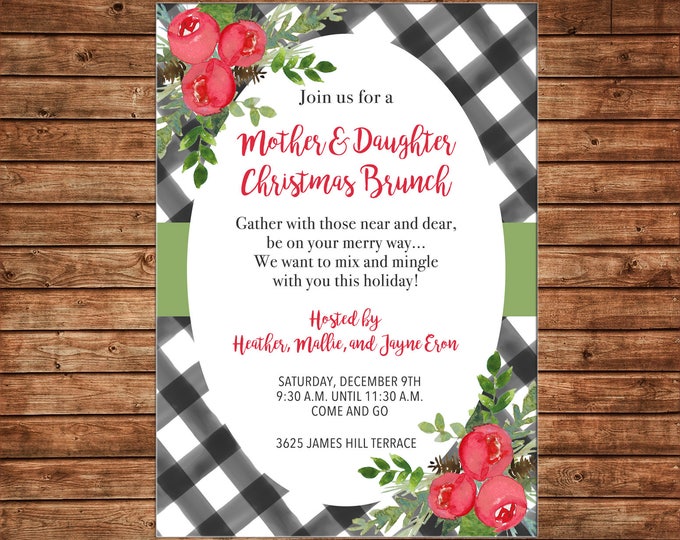 Christmas Invitation Black Watercolor Gingham Red Flowers Brunch  - Can personalize colors /wording - Printable File or Printed Cards