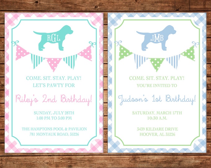 Boy or Girl Invitation Gingham Monogram Puppy Bunting Birthday Party - Can personalize colors /wording - Printable File or Printed Cards