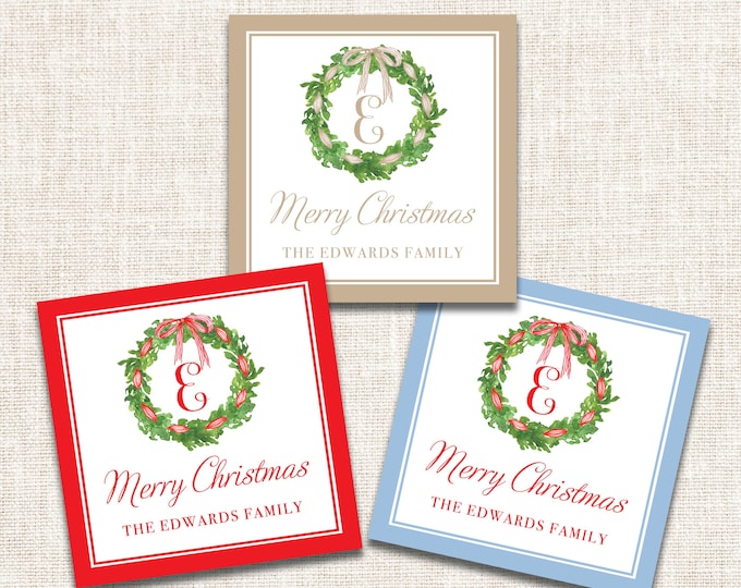 Personalized Christmas Gift Tags, Christmas Enclosure Cards, Christmas Gift Stickers, Watercolor Christmas Wreath