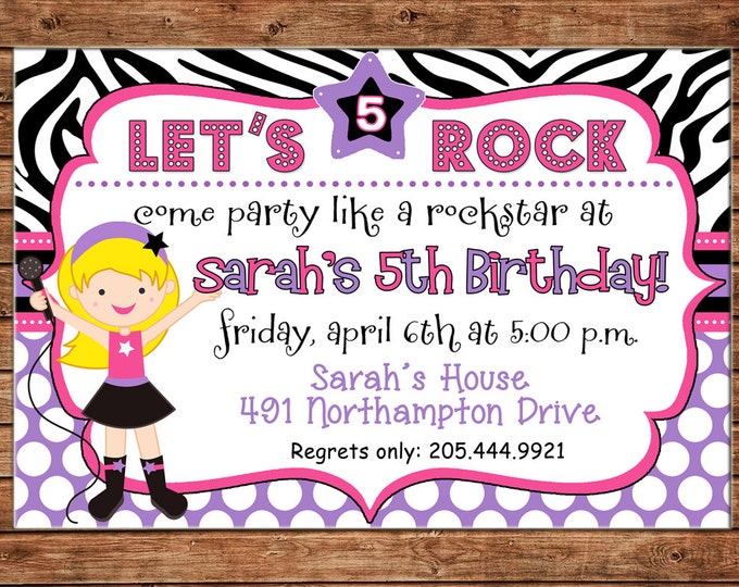 Girl Invitation Rockstar Popstar Pop Star Birthday Party - Can personalize colors /wording - Printable File or Printed Cards