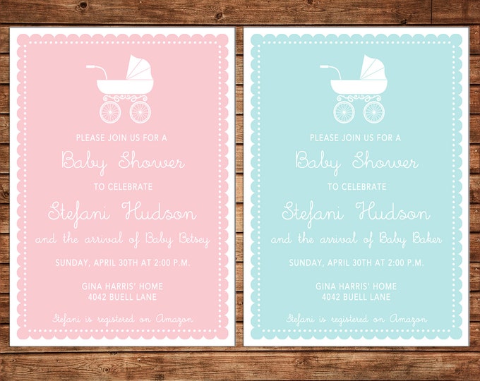 Boy or Girl Invitation Baby Pram Carriage Shower - Can personalize colors /wording - Printable File or Printed Cards