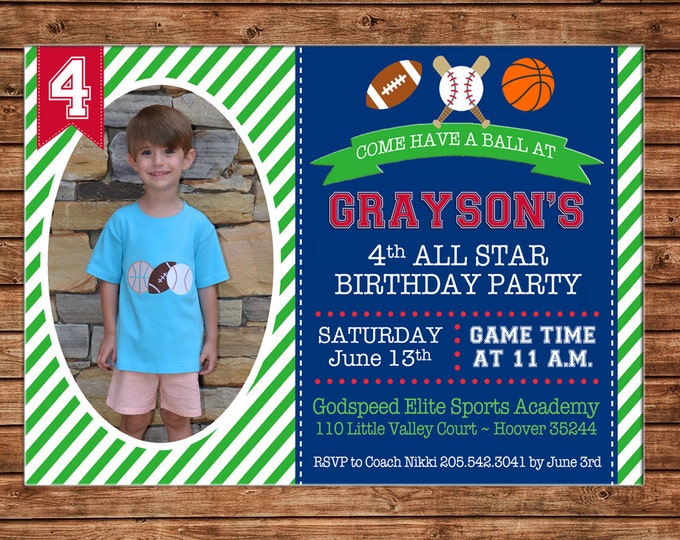 Boy or Girl Photo Invitation Football Baseball Basketball Birthday Party - Can personalize colors /wording - Printable File or Printed Cards