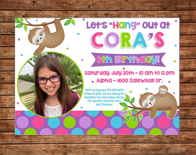 Boy or Girl Invitation Sloth Birthday Party - Can personalize colors /wording - Printable File or Printed Cards