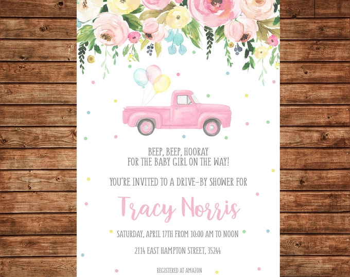 Girl Invitation Watercolor Flowers Baby Bridal Wedding Shower Drive By - Can personalize colors /wording - Printable File or Printed Cards