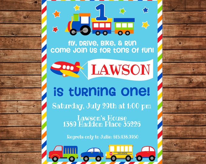 Boy or Girl Invitation Transportation Car Bus Plane Train Birthday Party - Can personalize colors /wording - Printable File or Printed Cards