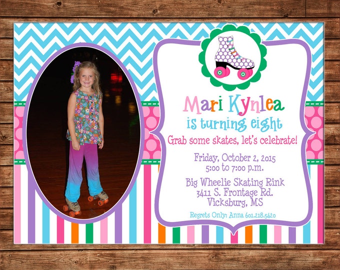 Girl Photo Invitation Rollerskating Roller Skating Birthday Party - Can personalize colors /wording - Printable File or Printed Cards