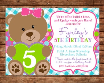 Girl Invitation Bear Teddy Birthday Party - Can personalize colors /wording - Printable File or Printed Cards