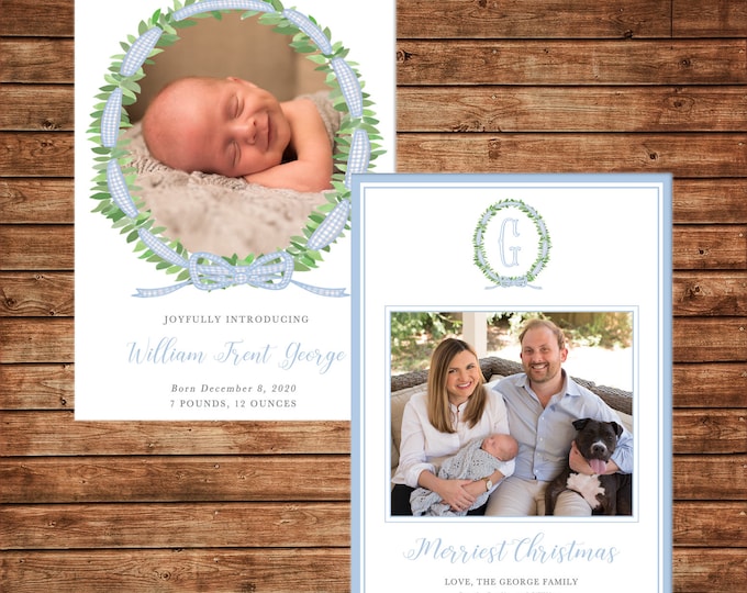 Christmas Holiday Baby Announcement Photo Card Watercolor Wreath - Can Personalize - Printable File