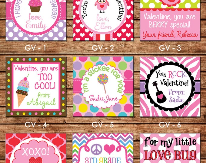 24 Square Personalized Girl Valentines Enclosure Cards, Gift Stickers, Gift Tags