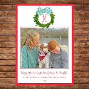 Christmas Holiday Photo Card Watercolor Wreath Gingham  - Can Personalize - Printable File