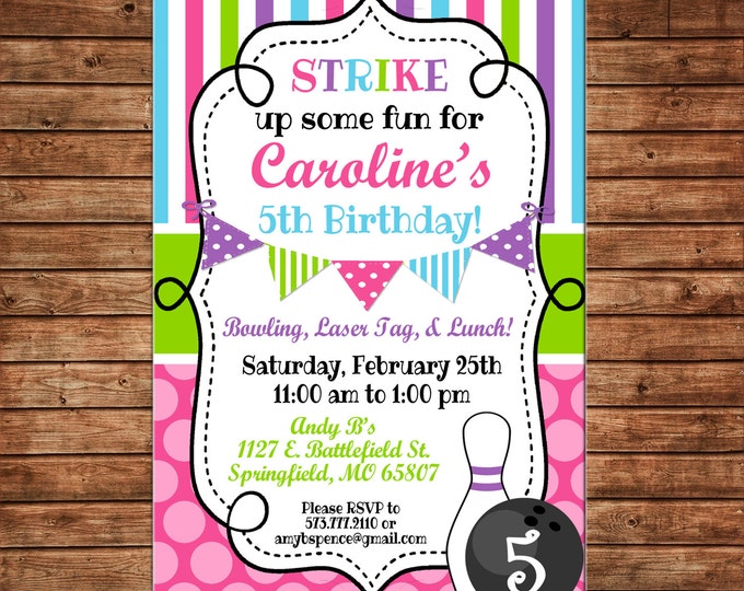 Girl Invitation Bowling Alley Bunting Birthday Party - Can personalize colors /wording - Printable File or Printed Cards