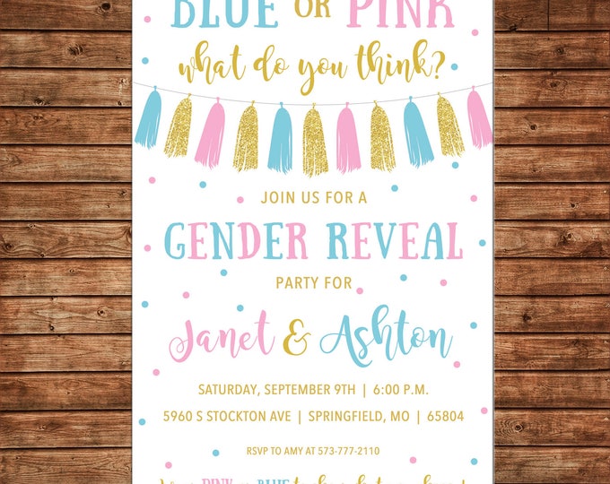 Invitation Gender Reveal Glitter Tassel Boy Girl Baby Shower Party - Can personalize colors /wording - Printable File or Printed Cards