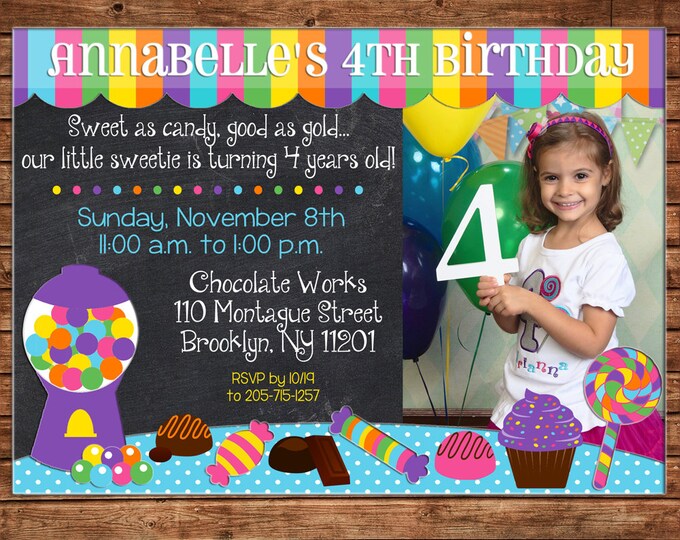 Girl Photo Invitation Candy Sweet Shop Birthday Party - Can personalize colors /wording - Printable File or Printed Cards