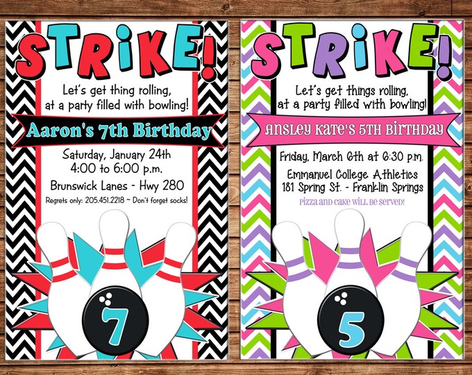 Boy or Girl Bowling Birthday Party - Can personalize colors /wording - Printable File or Printed Cards