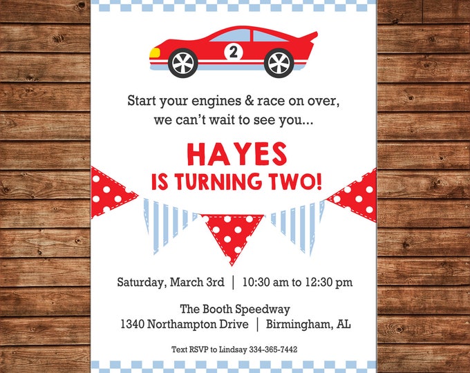 Boy Invitation Race Matchbox Car Bunting Birthday Party - Can personalize colors /wording - Printable File or Printed Cards